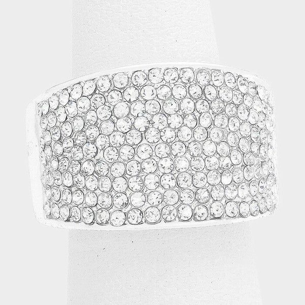 Cocktail Ring Large Wide Cluster Pave Rhinestone Stretch Band Crystal Silver - PalmTreeSky