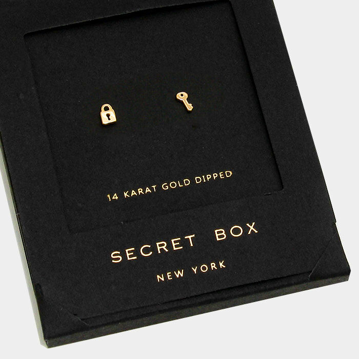 Key Earrings Tiny Secret Gift Box 14K GOLD DIPPED Small Stud Heart Lock Simple - PalmTreeSky