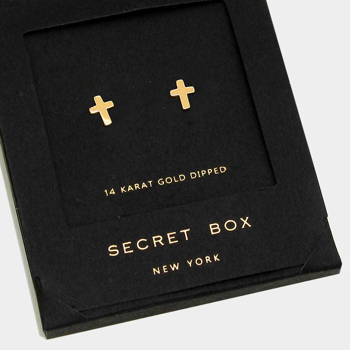 Cross Earrings Tiny Secret Gift Box 14K GOLD DIPPED Small Stud Classic Elegant - PalmTreeSky