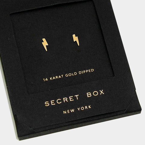 Thunderbolt Earrings Tiny Secret Gift Box 14K GOLD DIPPED Lightening Pendant - PalmTreeSky