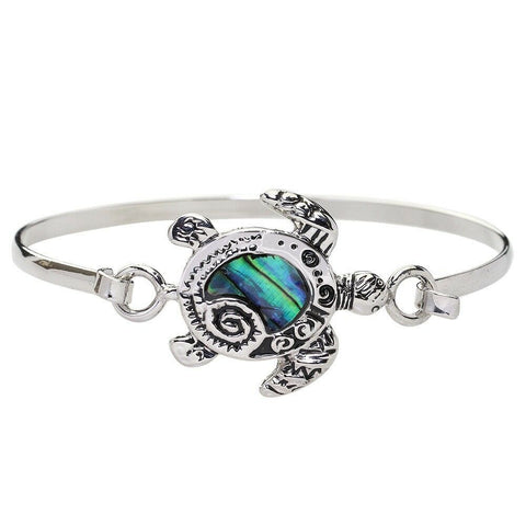 Turtle Bracelet Abalone Shell Swirl Textured Metal Thin Hook Bangle Sea Life - PalmTreeSky