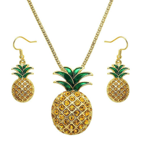 Pineapple Necklace SET Earrings Crystal Rhinestones Fruit Welcome Pendant GOLD - PalmTreeSky