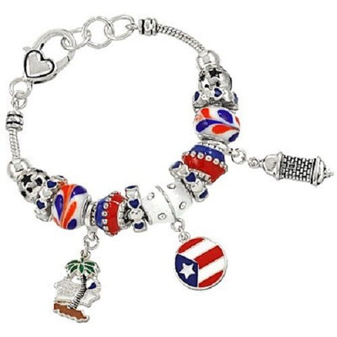 Puerto Rico Charm Bracelet Beaded SILVER BLUE RED Flag Palm Tree Theme Jewelry - PalmTreeSky