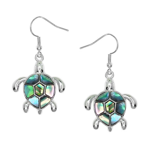 Sea Turtle Earrings Sea Life Abalone Shell Lined SILVER Drop Dangle Beach Surfer - PalmTreeSky