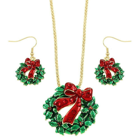 Wreath Necklace Chunky Pendant GOLD RED GREEN Holiday Santa Christmas Jewelry - PalmTreeSky