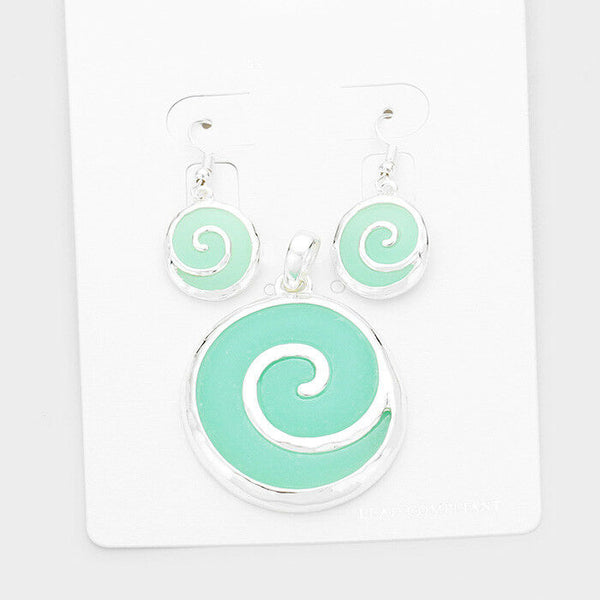 Wave Necklace Pendant Earrings SET Sea Glass TURQ Swirl SILVER Surf Beach Ocean - PalmTreeSky