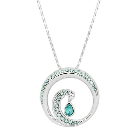 Wave Necklace Circle Teardrop Pave Rhinestone SILVER TURQ Ocean Beach Surf Sand - PalmTreeSky