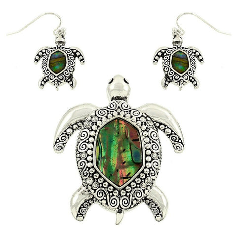 Turtle Necklace Pendant Earrings Set Abalone Shell Swirl Textured Metal 2 3/8" - PalmTreeSky