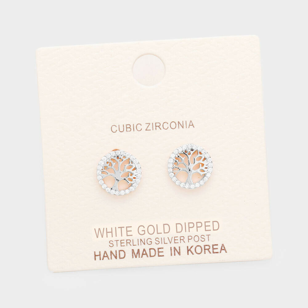 Tree of Life Earrings CZ Cubic Zirconia Tiny Stud .5" Family WHITEDIPPED Jewelry - PalmTreeSky