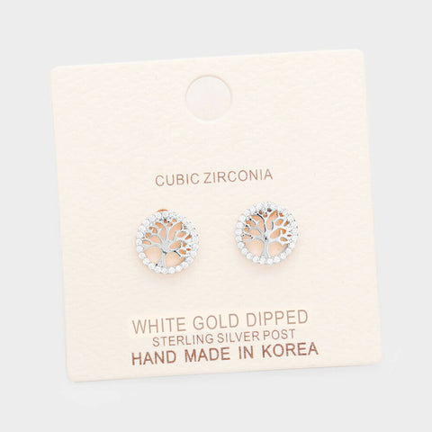 Tree of Life Earrings CZ Cubic Zirconia Tiny Stud .5" Family WHITEDIPPED Jewelry - PalmTreeSky