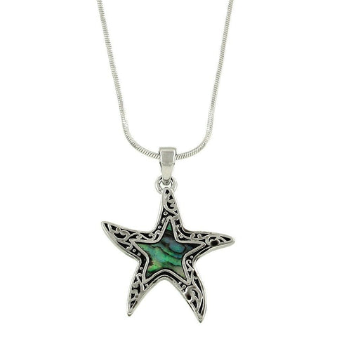 Starfish Necklace Solid Plain Metal ABALONE Pendant SILVER Beach Surf Jewelry - PalmTreeSky