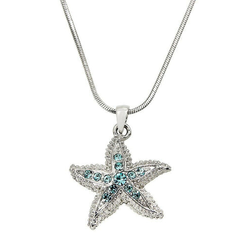 Starfish Necklace Pave Rhinestone Pendant Swirl Textured Sea SILVER AQUA Jewelry - PalmTreeSky