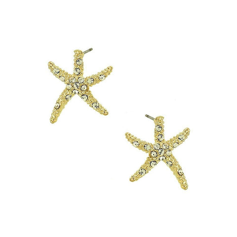 Starfish Earrings Textured Metal Pave Rhinestone GOLD Post Stud Crystal .75" - PalmTreeSky