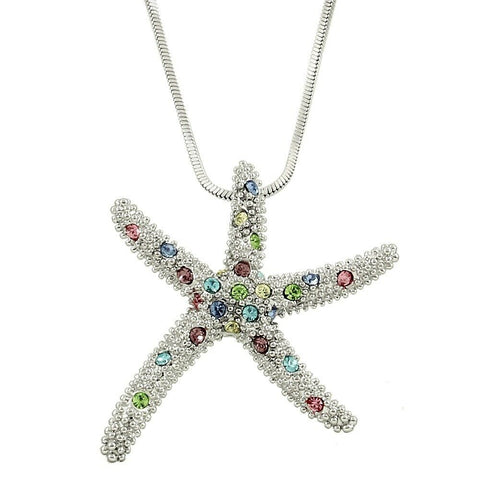 Starfish Necklace Pendant Sea Life Beach Surfer SLVR MULTI Rhinestone Jewelry LG - PalmTreeSky