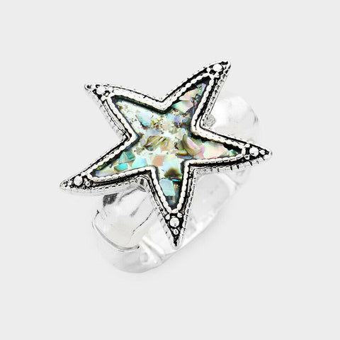 Starfish Ring Abalone Shell Stretch Band Sand Dollar Beach Metal SILVER Jewelry - PalmTreeSky