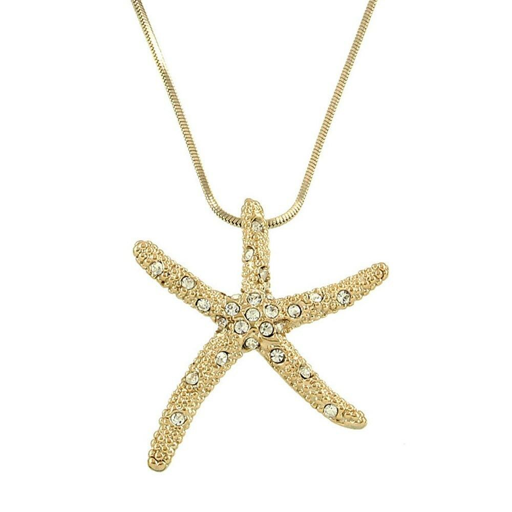 Starfish Necklace Pendant Sea Life Beach Surfer GOLD CLEAR Rhinestone Jewelry LG - PalmTreeSky