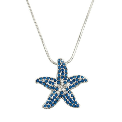 Starfish Necklace Pave Rhinestones Pendant Snake Chain SILVER BLUE 2TONE Jewelry - PalmTreeSky