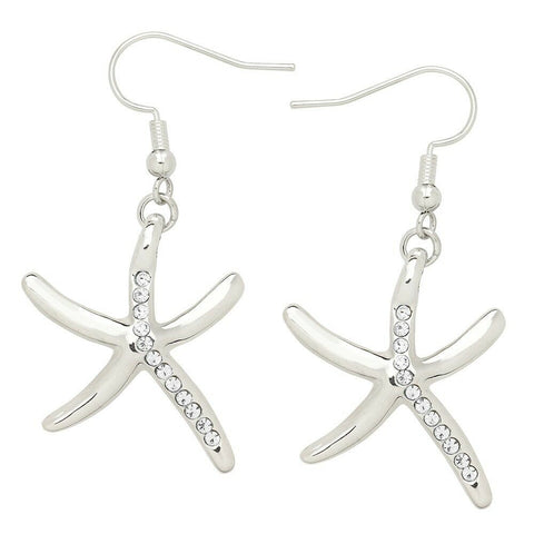 Starfish Earrings Plain Metal Pave Rhinestone Detail SILVER Drop Dangle 25mm - PalmTreeSky