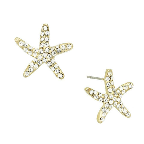 Starfish Earrings Pave Rhinestone Metal Studs Posts GOLD SeaLife Beach Sand 18mm - PalmTreeSky