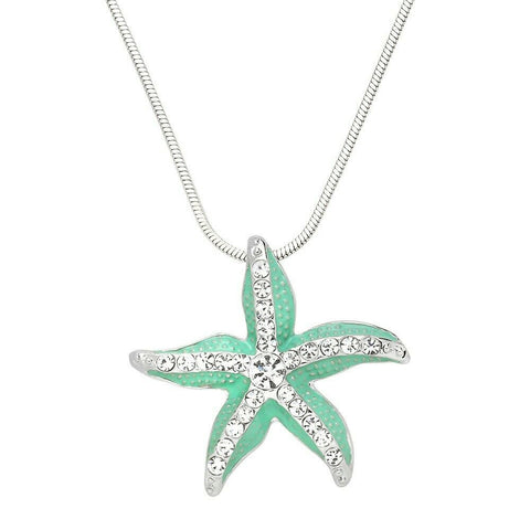 Starfish Necklace Rhinestone Crystals Swim Sun Sand Sea Life Beach SILVER AQUA - PalmTreeSky