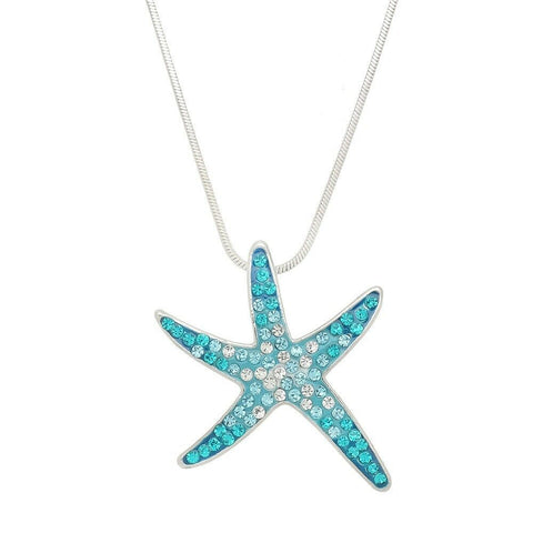 Starfish Necklace Rhinestone Pave Pendant Sea Life Beach Surfer SILVER TURQUOISE - PalmTreeSky