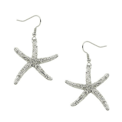 Starfish Earrings Textured Metal Pave Rhinestone SILVER Drop Dangle Large 1.5" - PalmTreeSky