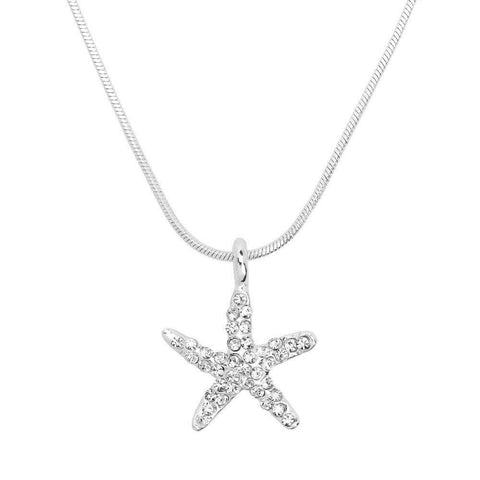 Starfish Necklace Small Pave Rhinestone Wave Ocean Sea Life Beach Jewelry SILVER - PalmTreeSky