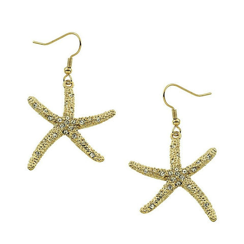 Starfish Earrings Textured Metal Pave Rhinestone GOLD Drop Dangle Large 1.5" - PalmTreeSky