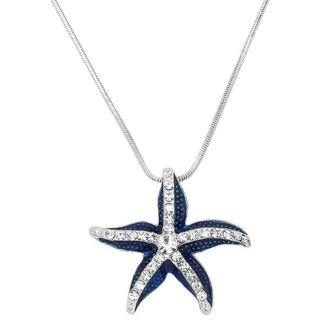 Starfish Necklace Rhinestone Crystal Textured Enamel SeaLife Beach SILVER BLUE - PalmTreeSky