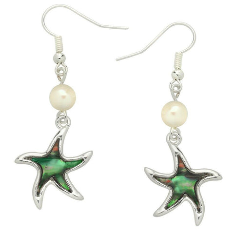 Starfish Earrings Pearl Drop Dangle Beach Sea Life Surf Abalone Shell Silver - PalmTreeSky