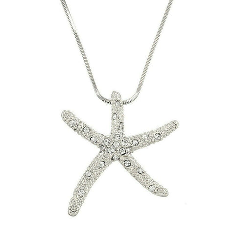 Starfish Necklace Pendant Sea Life Beach Surfer SILVER CLR Rhinestone Jewelry LG - PalmTreeSky