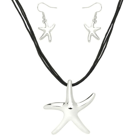 Starfish Necklace SET 3 Strand Black Cords Plain Metal Pendant SILVER Jewelry - PalmTreeSky