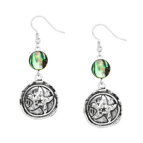 Starfish Earrings Abalone Shell Disc Drop Dangle Textured Metal SILVER Sea Life - PalmTreeSky