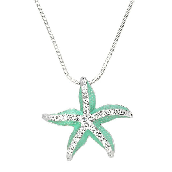 Starfish Necklace Rhinestone Crystal Textured Enamel SeaLife Beach SILVER TURQ - PalmTreeSky