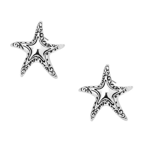 Starfish Earrings Textured Metal Studs Posts SILVER Sea Life Beach Sand Surfer - PalmTreeSky