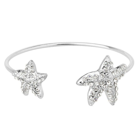 Starfish Bracelet Thin Metal Cuff Bangle Pave Rhinestone Shell Silver Clear - PalmTreeSky