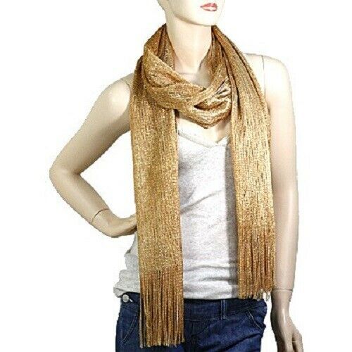 Spring Scarf Summer Lightweight Sheer Shimmer Fringe Wrap Around Shawl GOLD - PalmTreeSky