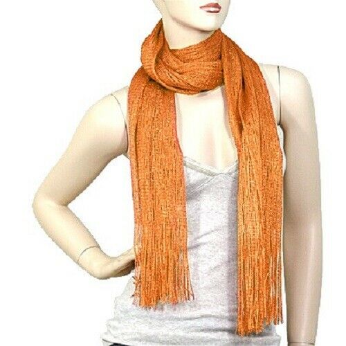 Spring Scarf Summer Lightweight Sheer Shimmer Fringe Wrap Around Shawl ORANGE - PalmTreeSky