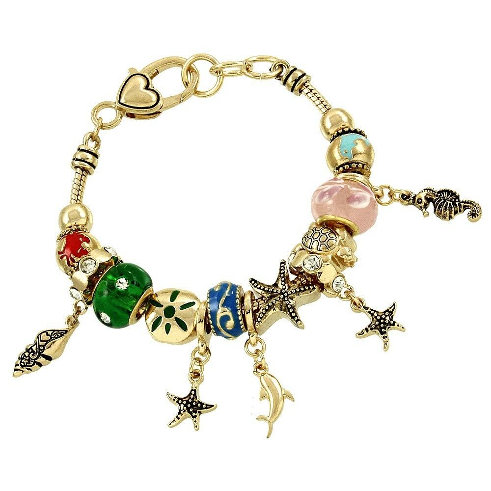 Starfish Charm Bracelet Bead GOLD Dolphin Sea Horse Nautical Beach Theme Jewelry - PalmTreeSky