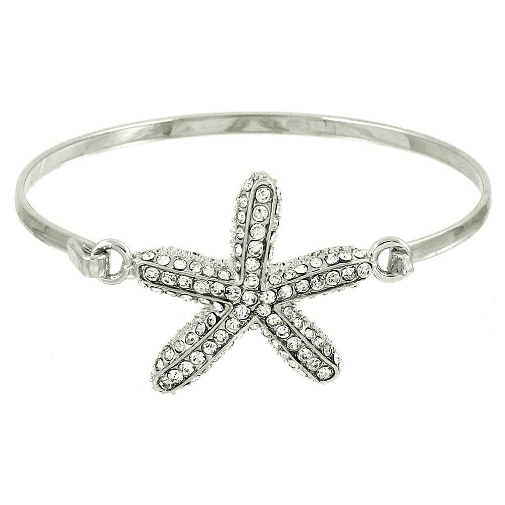 Starfish Bracelet Metal Bangle Hinge Rhinestones SILVER Beach Nautical Jewelry - PalmTreeSky