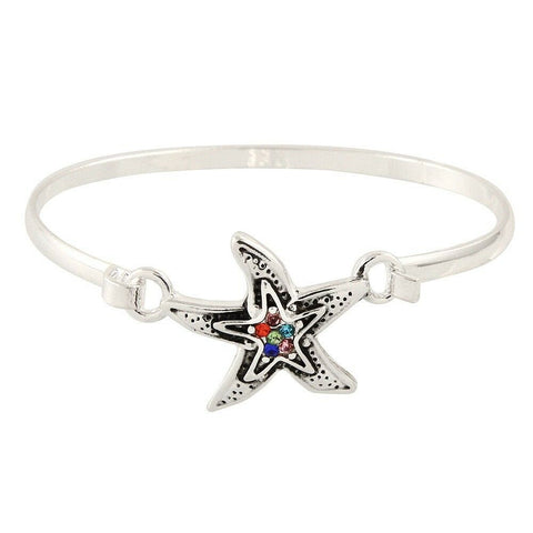 Starfish Bracelet Hinge Bangle Pave Crystals SILVER MULTI Enamel Beach Surfer - PalmTreeSky