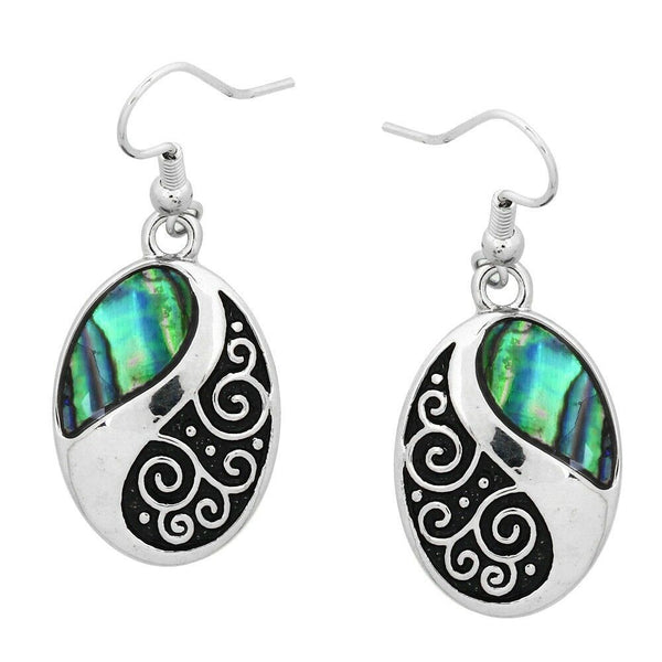 Shell Earrings Beach Sea Life Oval Drop SILVER ABALONE SHELL Metal Surf Swirl - PalmTreeSky