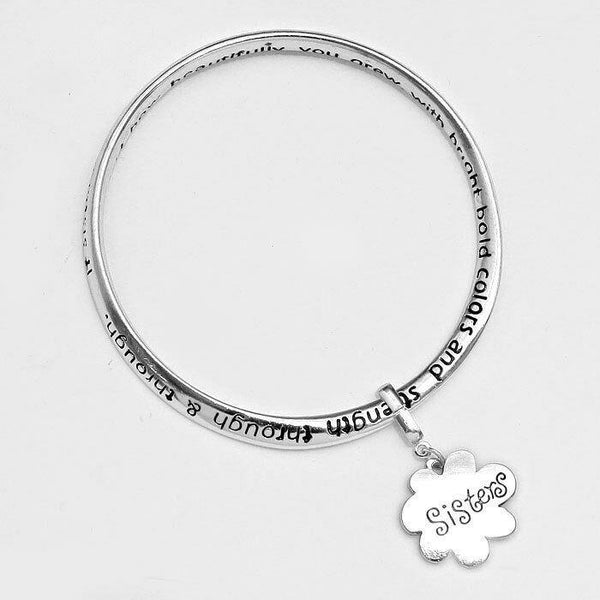 Sister Bracelet Bangle Flower Charm SILVER Inspiration Message Friend Family - PalmTreeSky