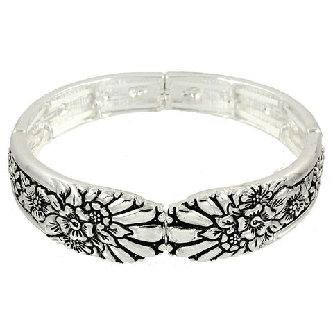 Spoon Jewelry Bracelet Stretch Bangle Texture Flowers SILVER Metal Classic 3/4"W - PalmTreeSky