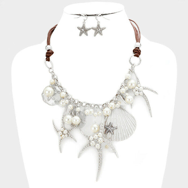 Shell Necklace SET Charm Starfish Pearl Sand Dollar Jewelry Statement SILVER - PalmTreeSky