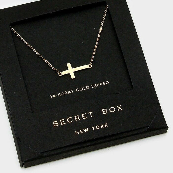 Side Cross Necklace Tiny Secret Box Gift 14K GOLD DIPPED Delicate Small Faith - PalmTreeSky