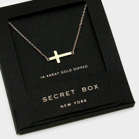 Side Cross Necklace Tiny Secret Box Gift 14K GOLD DIPPED Delicate Small Faith - PalmTreeSky