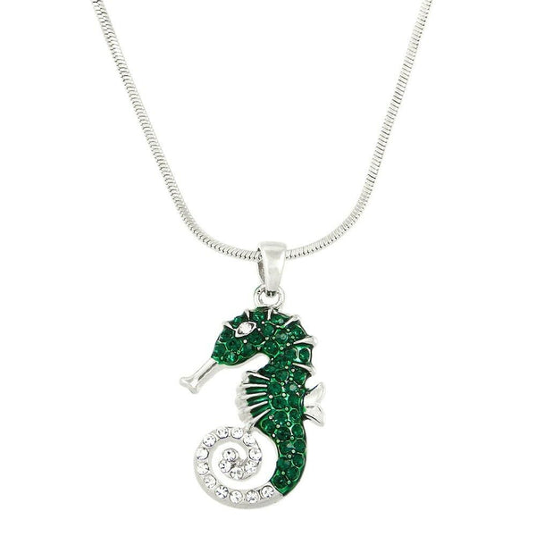 Seahorse Necklace Pave Rhinestone Crystals Pendant Charm Sea Horse SILVER GREEN - PalmTreeSky
