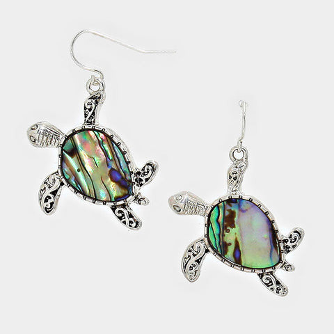 Sea Turtle Earrings Sealife Abalone Shell SILVER 1.5" Drop Beach Surfer Jewelry - PalmTreeSky