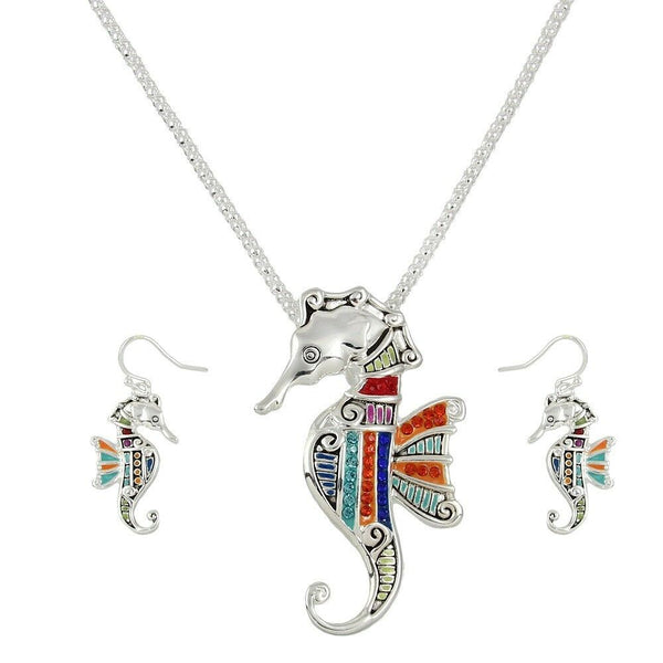 Sea Horse Necklace SET Beaded Pave Crystals Metal SILVER MULTI Beach Sea Life - PalmTreeSky